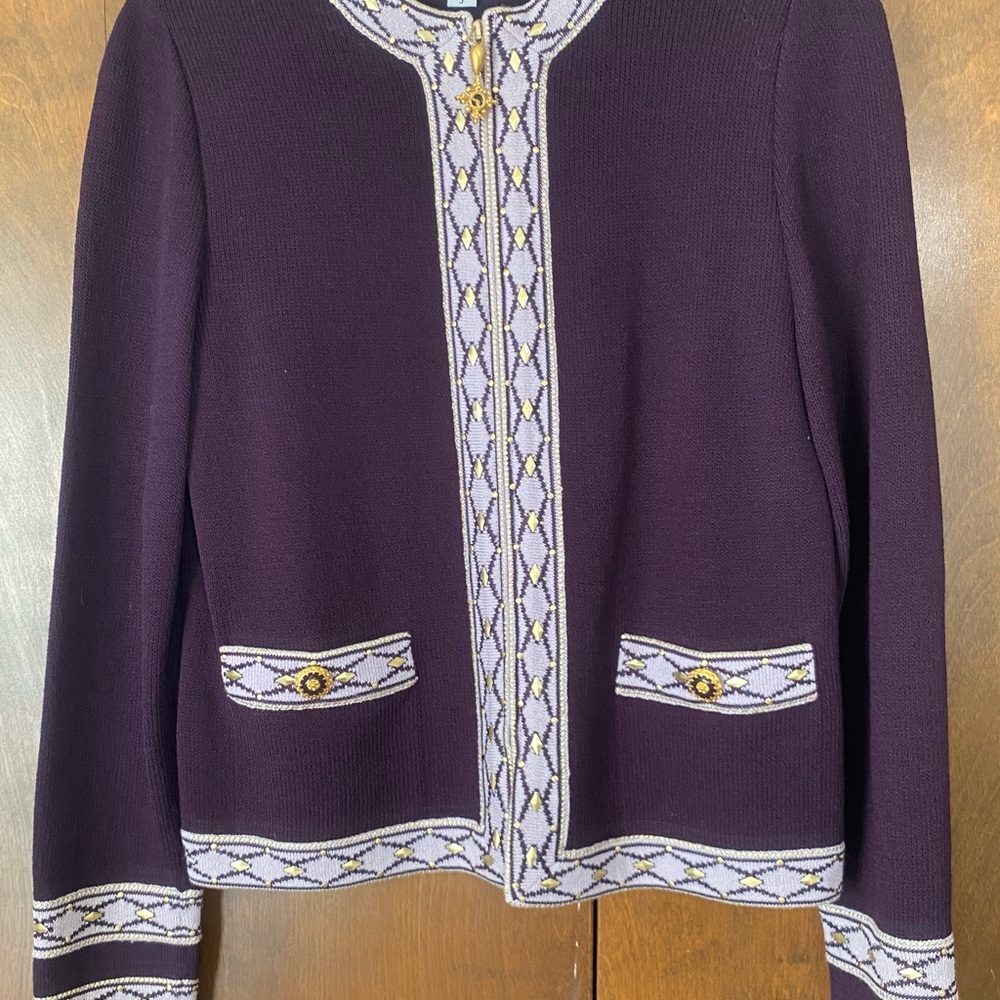 St. John Collection Purple Knit Skirt Set with Lilac Trim and Gold Accents